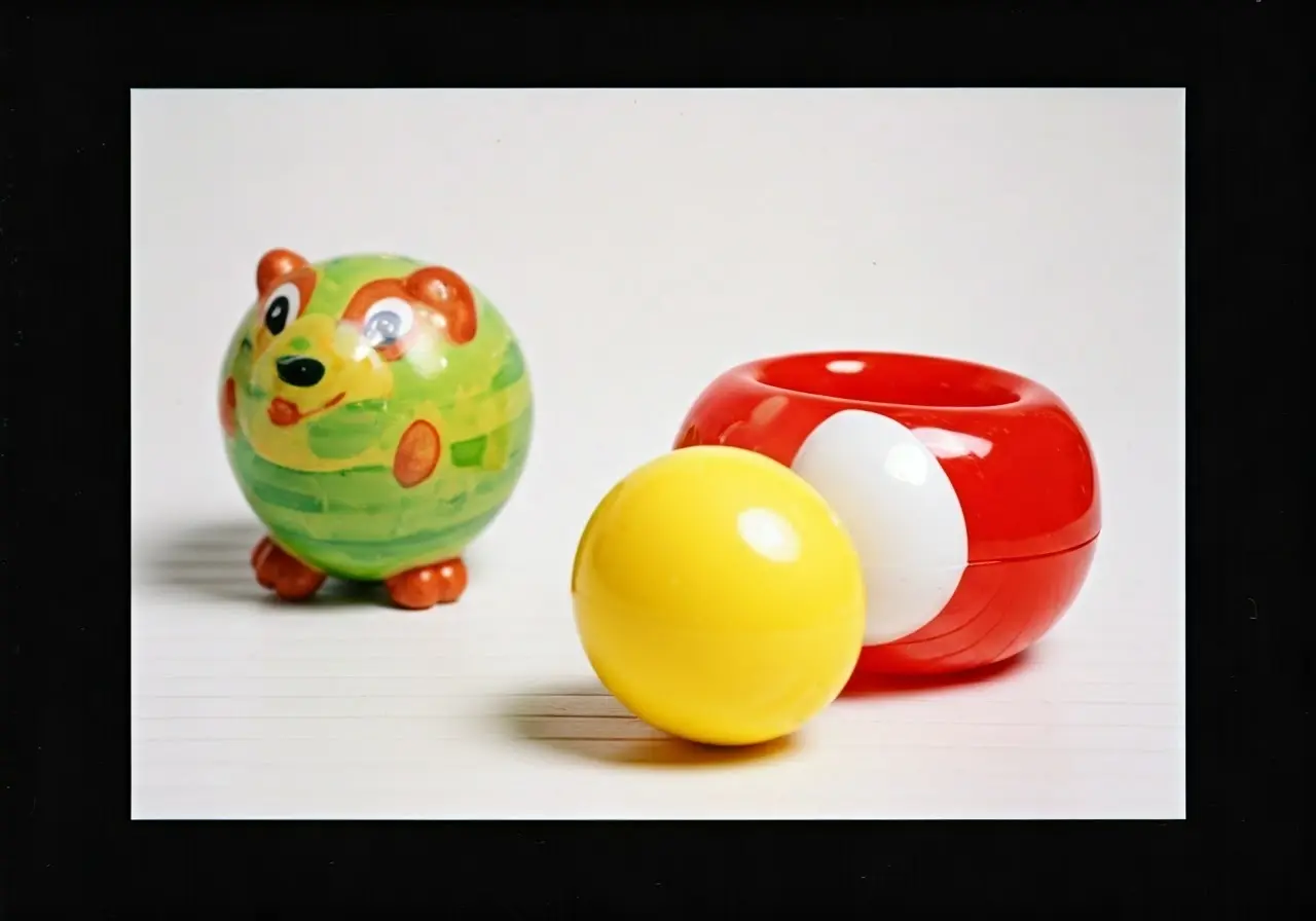 Colorful baby toys on a clean, white surface. 35mm stock photo