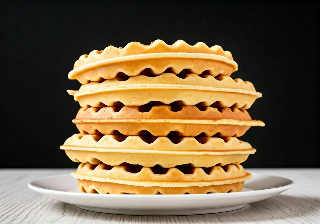 Stack of assorted fancy waffles on a white plate. 35mm stock photo