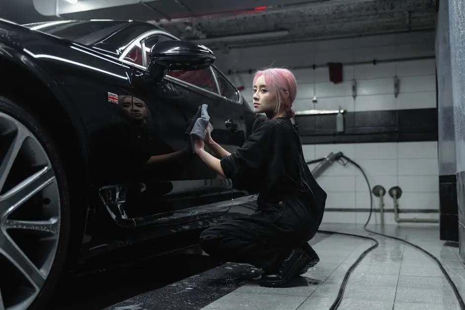 A young female worker polishing a black luxury car in an indoor garage setting.