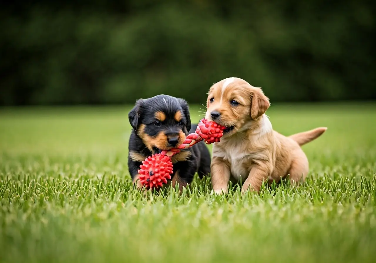 Adorable puppies playing with dog toys on a grassy lawn. 35mm stock photo