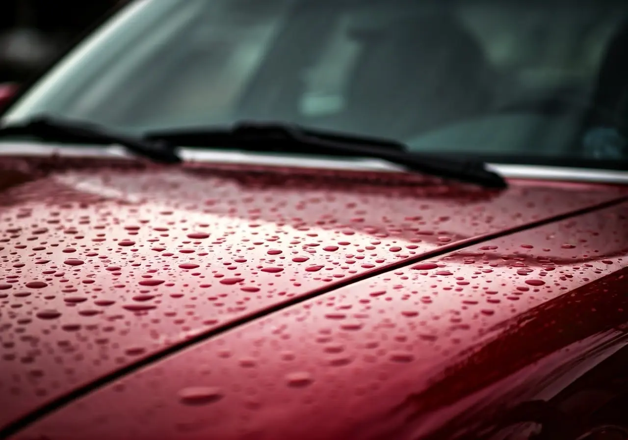 A close-up of a shiny car with water beading. 35mm stock photo