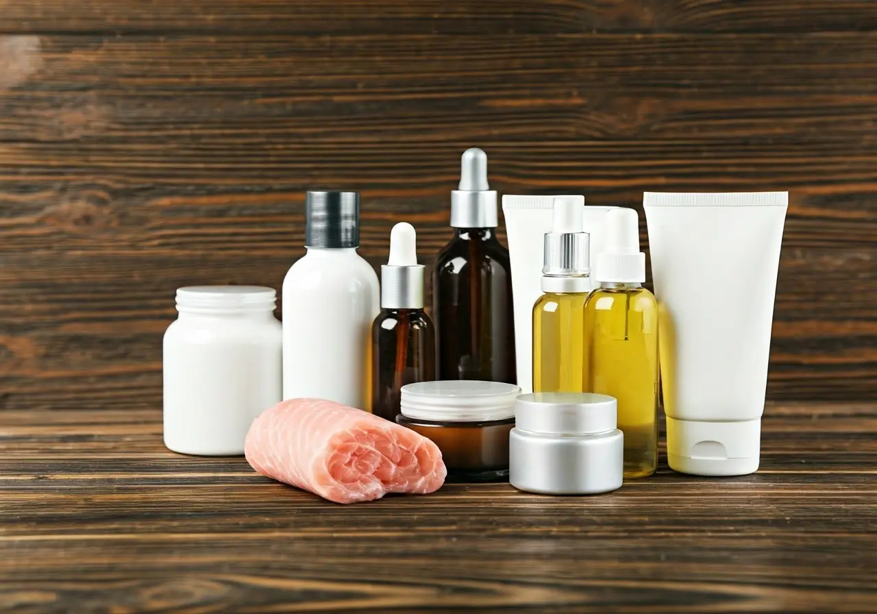 A collection of popular wellness products on a wooden table. 35mm stock photo