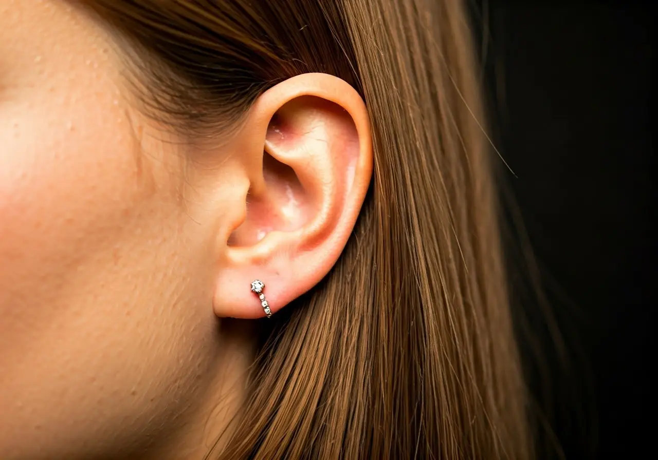 Close-up of ear with a small, sparkling earring. 35mm stock photo