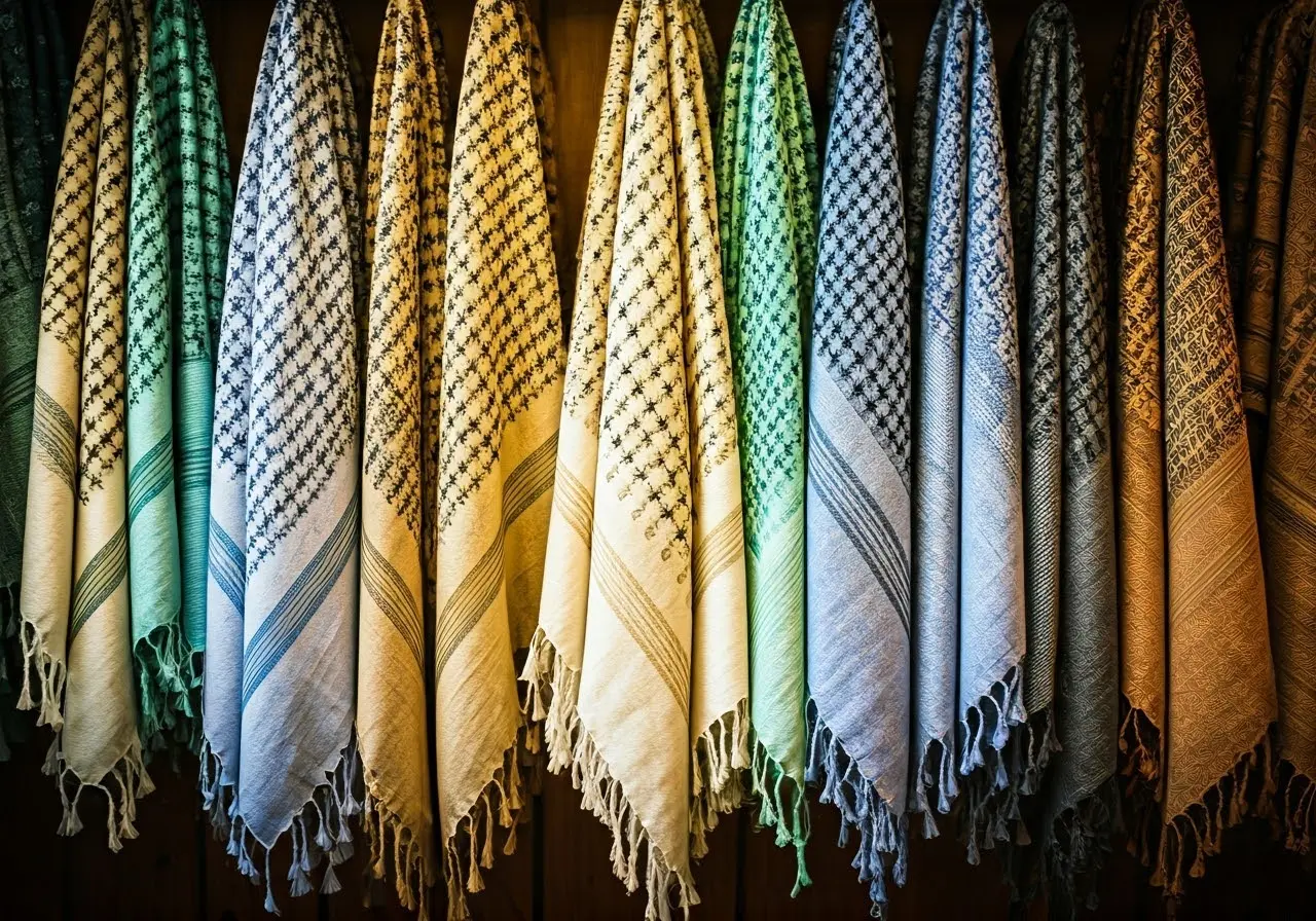 Rows of colorful keffiyehs displayed in a charming Michigan boutique. 35mm stock photo