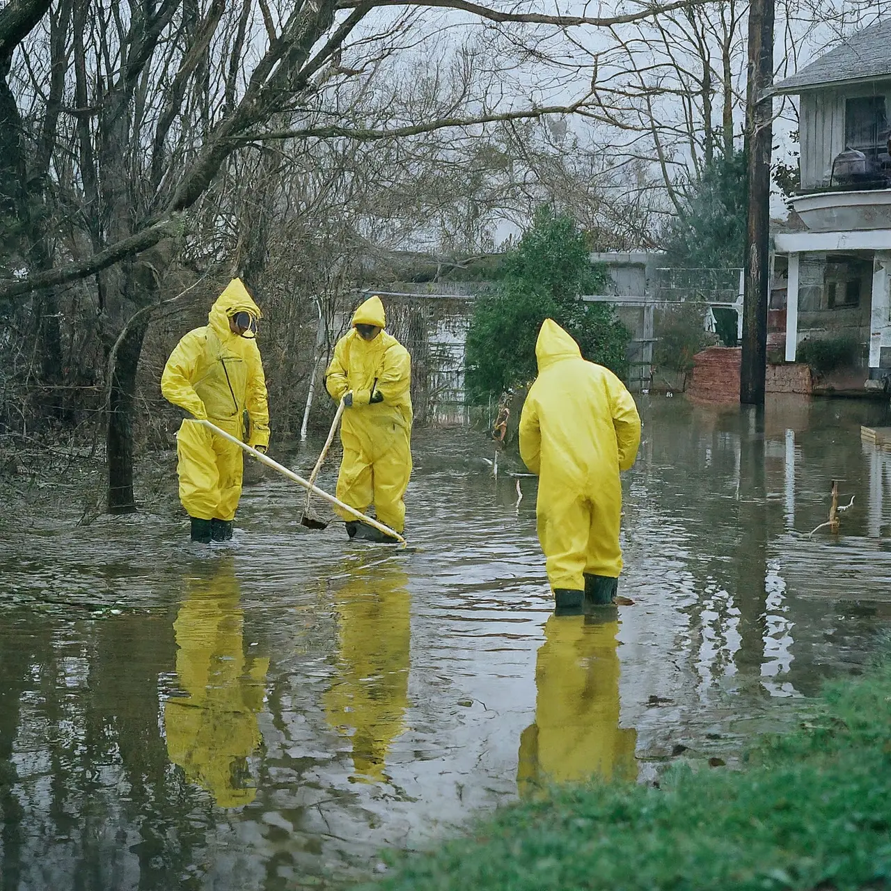 Workers in protective gear cleaning up after a flood. 35mm stock photo