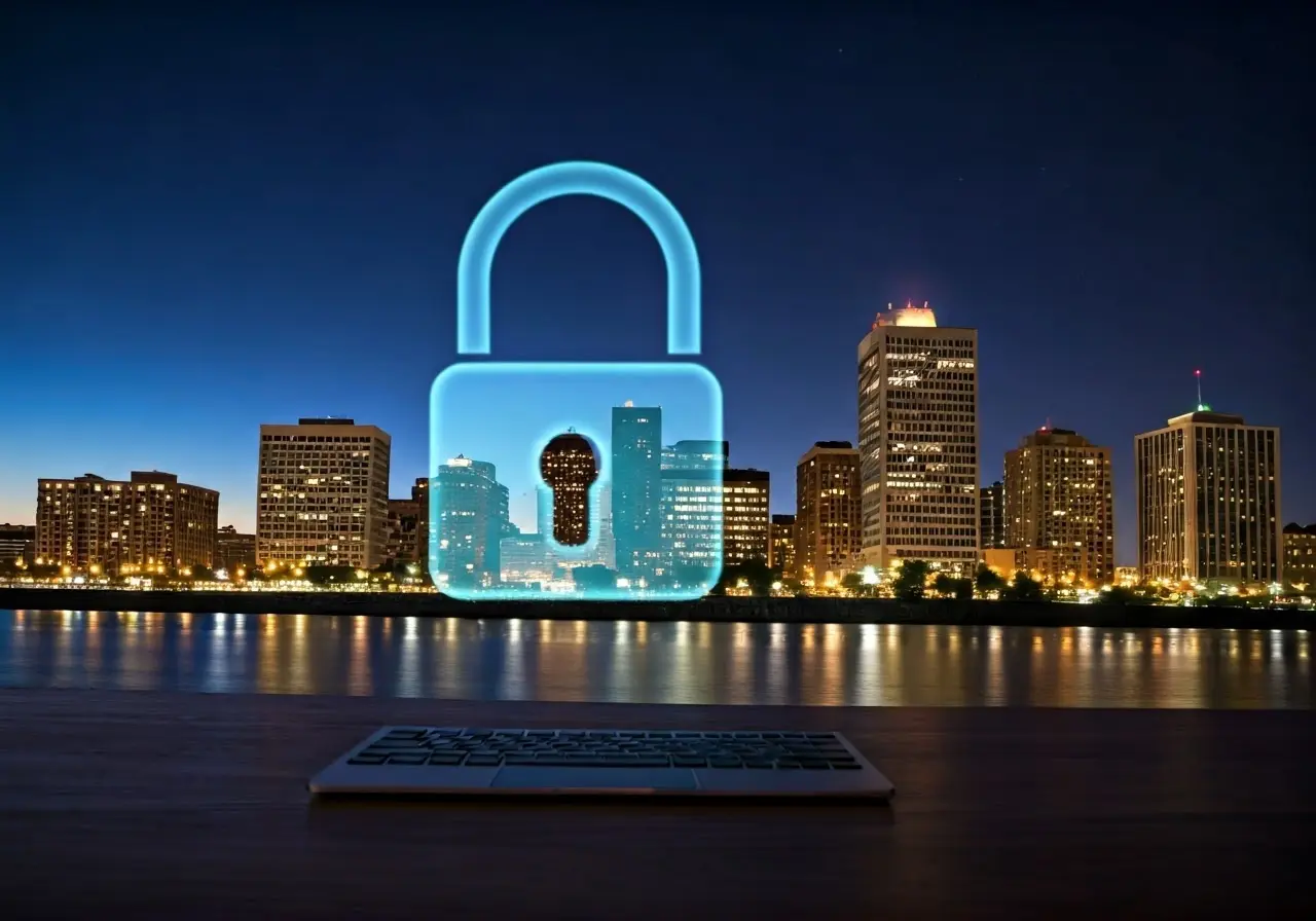 A computer with a padlock icon and Spokane skyline background. 35mm stock photo