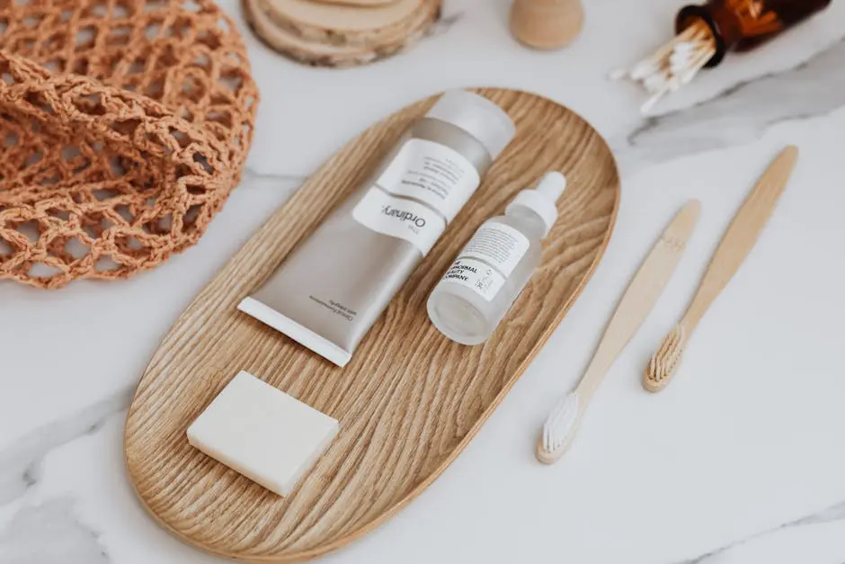 Flat lay of zero waste bathroom essentials including bamboo toothbrushes and skincare products.