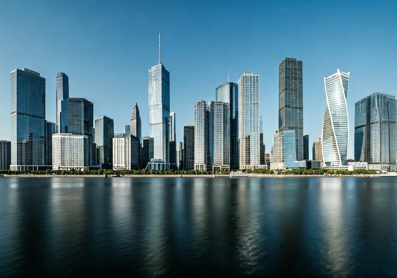 A bustling city skyline representing modern business and technology. 35mm stock photo