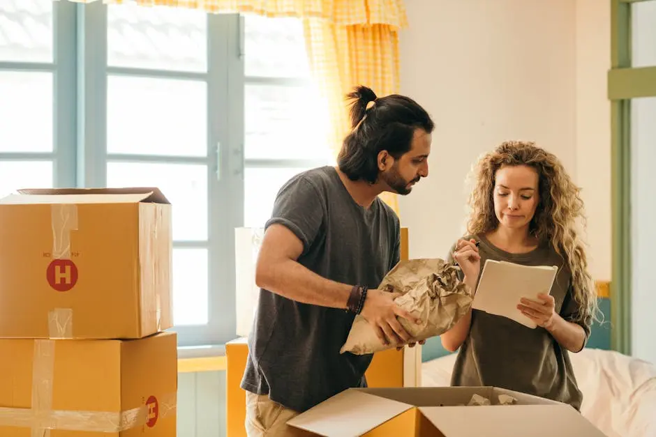 Cheerful young man and woman smiling while unpacking carton boxes with belongings in new apartment during relocation and looking at paper