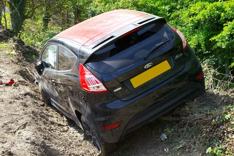 A Black Car Crashed Near the Green Trees