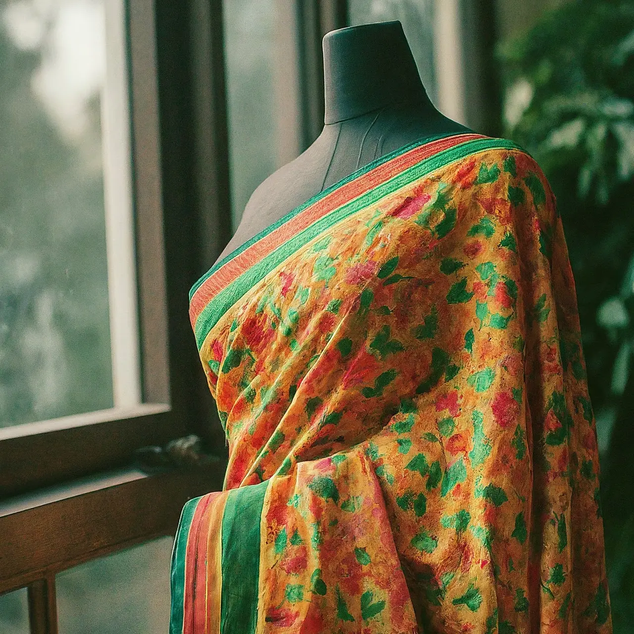 A colorful Dhakai saree draped elegantly on a mannequin. 35mm stock photo