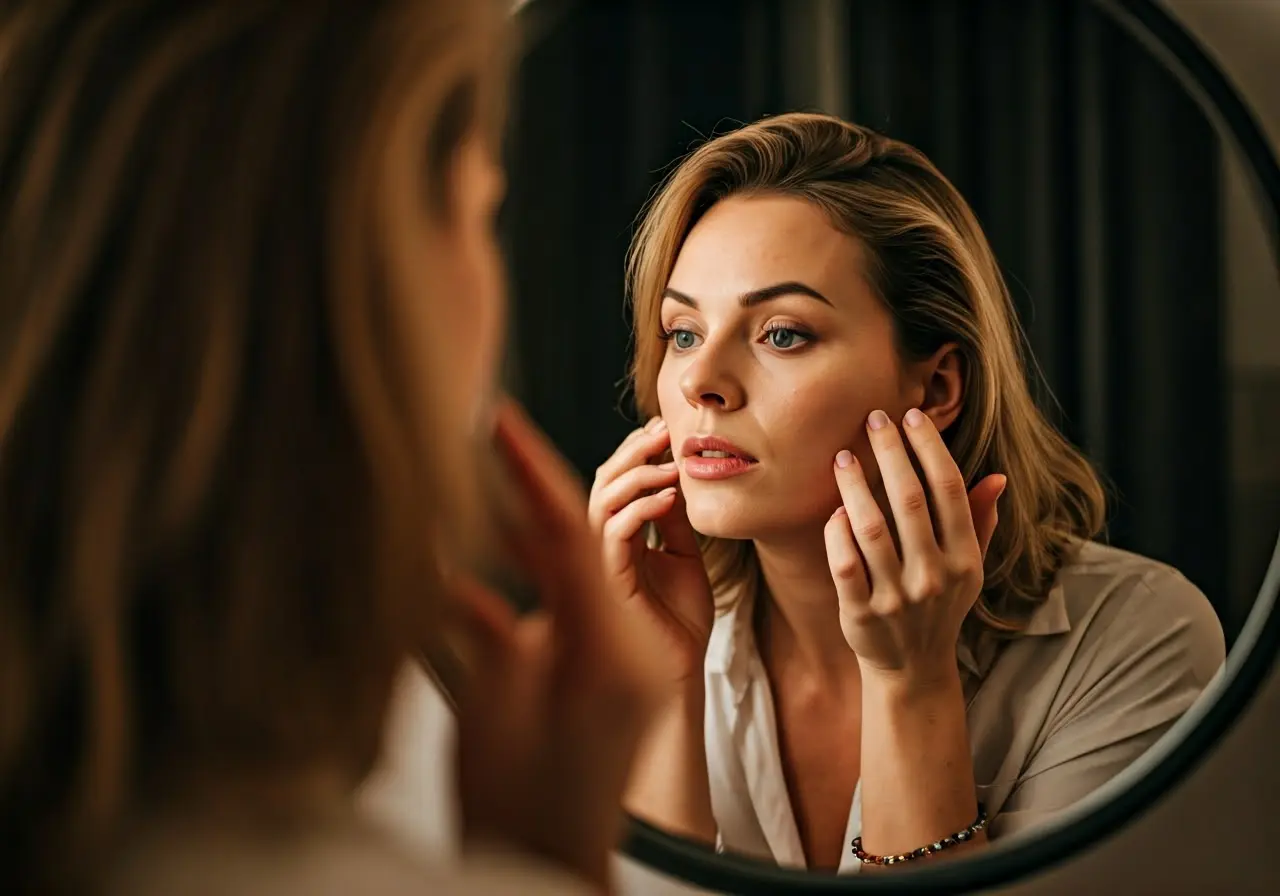 A woman examining her face in a mirror. 35mm stock photo