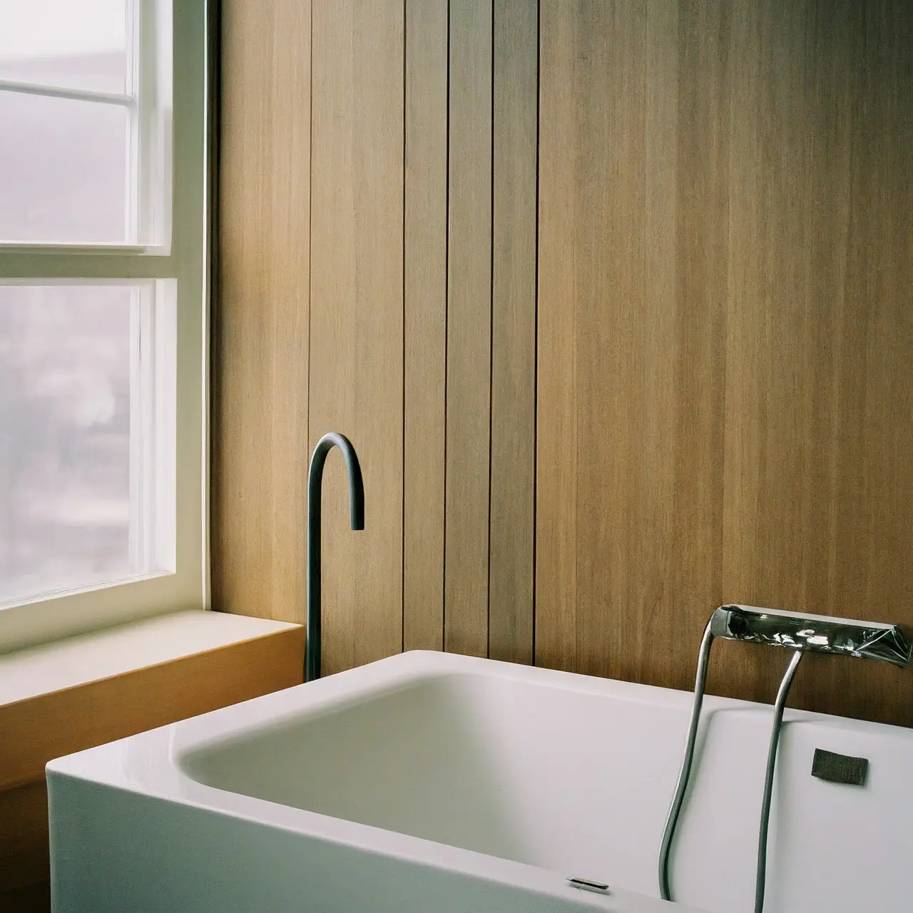 A sleek, modern bathroom with water-saving fixtures. 35mm stock photo