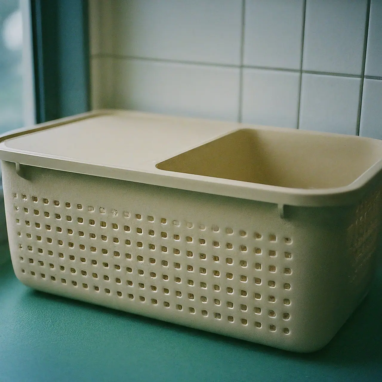 A neatly arranged disposable litter box in a clean room. 35mm stock photo