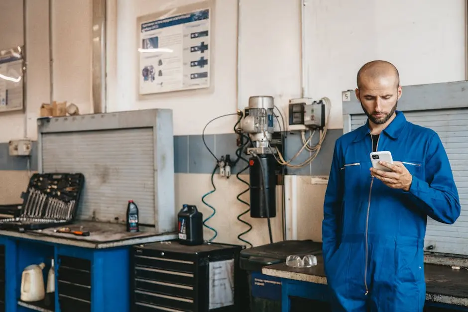 Mechanic in blue coveralls using a smartphone in an auto repair workshop.