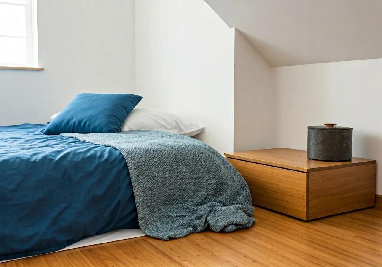 A calming bedroom with a grounding mat beside the bed. 35mm stock photo