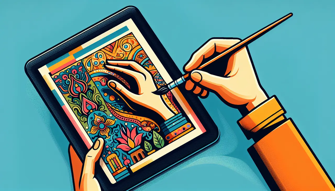 Draw a graphic in flat design style. An artist’s hand holding a paintbrush over a canvas that transitions into a digital tablet displaying illustrations.