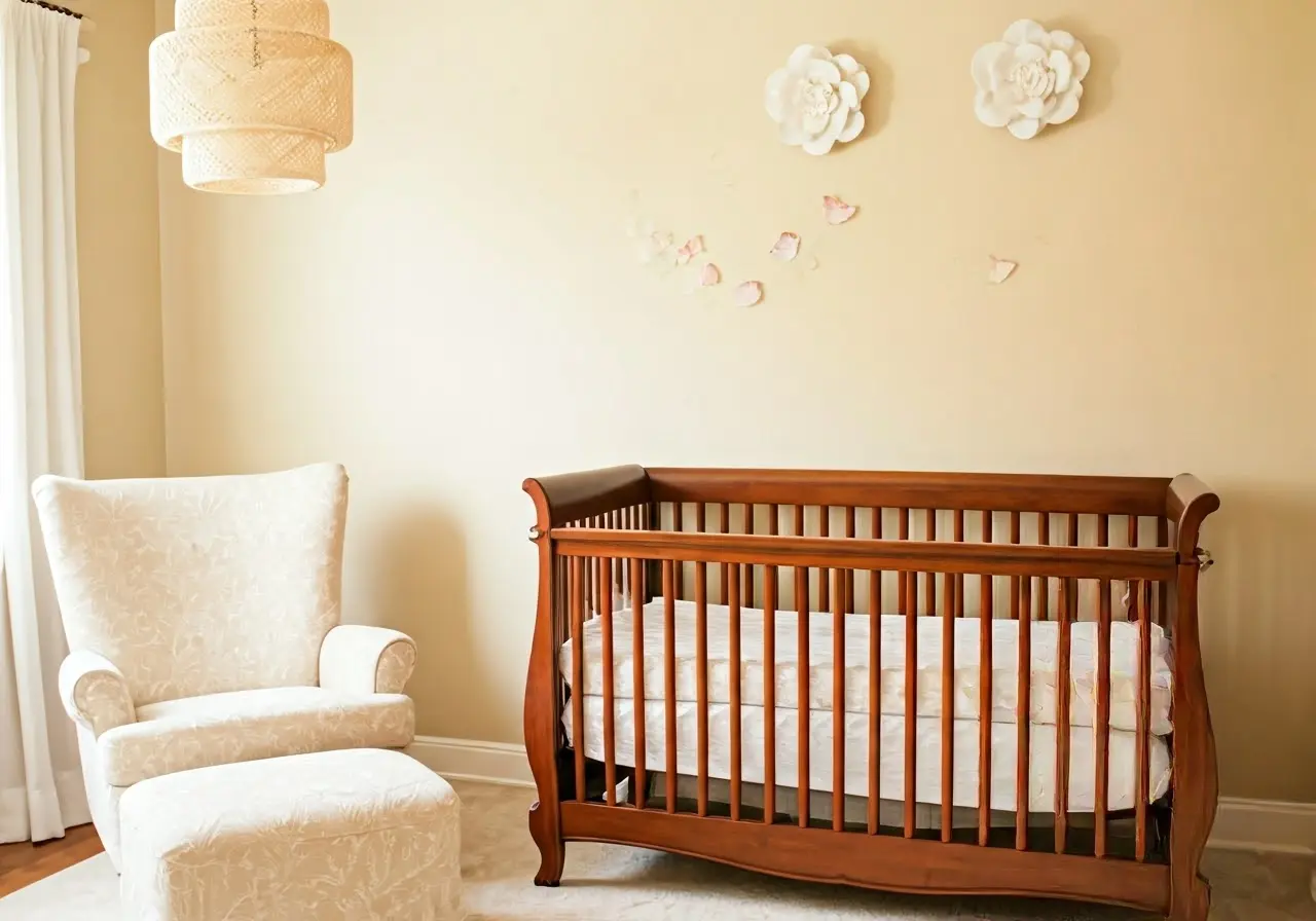 Cozy nursery with elegant wooden crib and soft lighting. 35mm stock photo