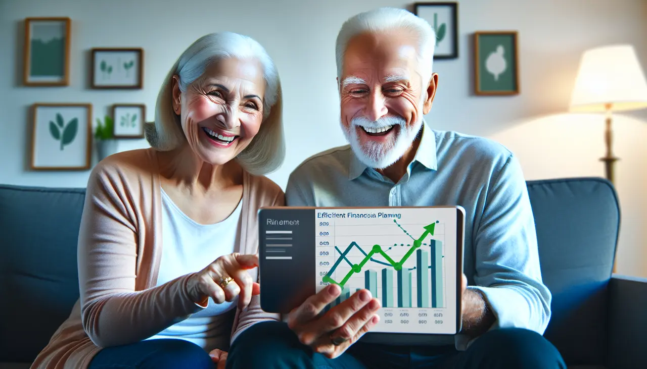 Draw a graphic in flat design style. An elderly couple happily reviewing financial charts on a tablet.