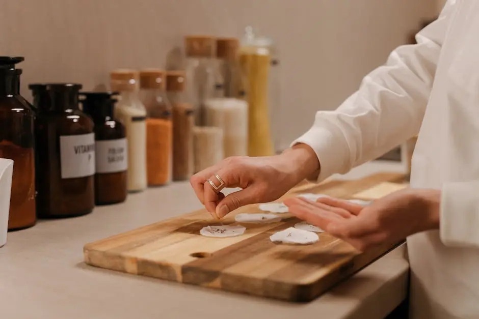 Close-up of hands arranging skincare ingredients on a wooden board, surrounded by glass jars indoors.