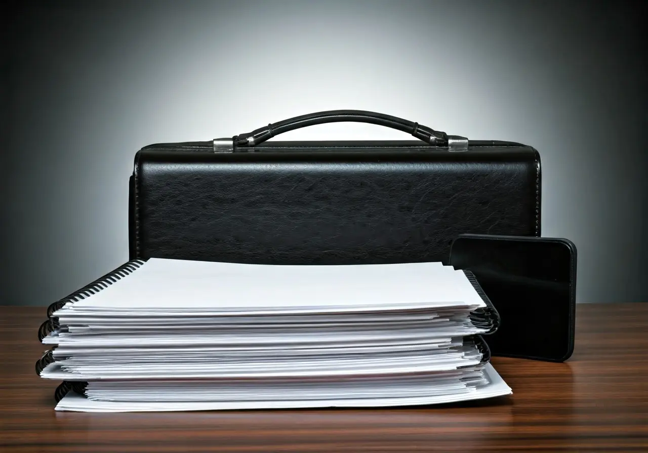 A briefcase and business documents on a clean desk. 35mm stock photo