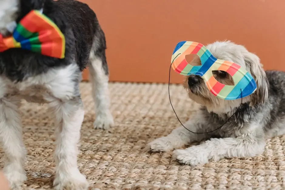 Small dogs with colorful festive accessories resting at home