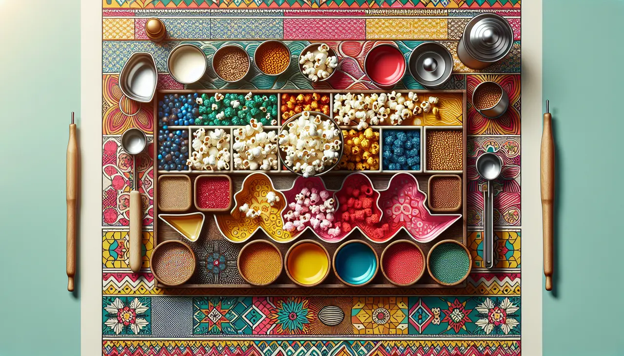 Draw a graphic in flat design style. Illustrate a popcorn bar with colorful toppings and scoops on a bright, festive table.