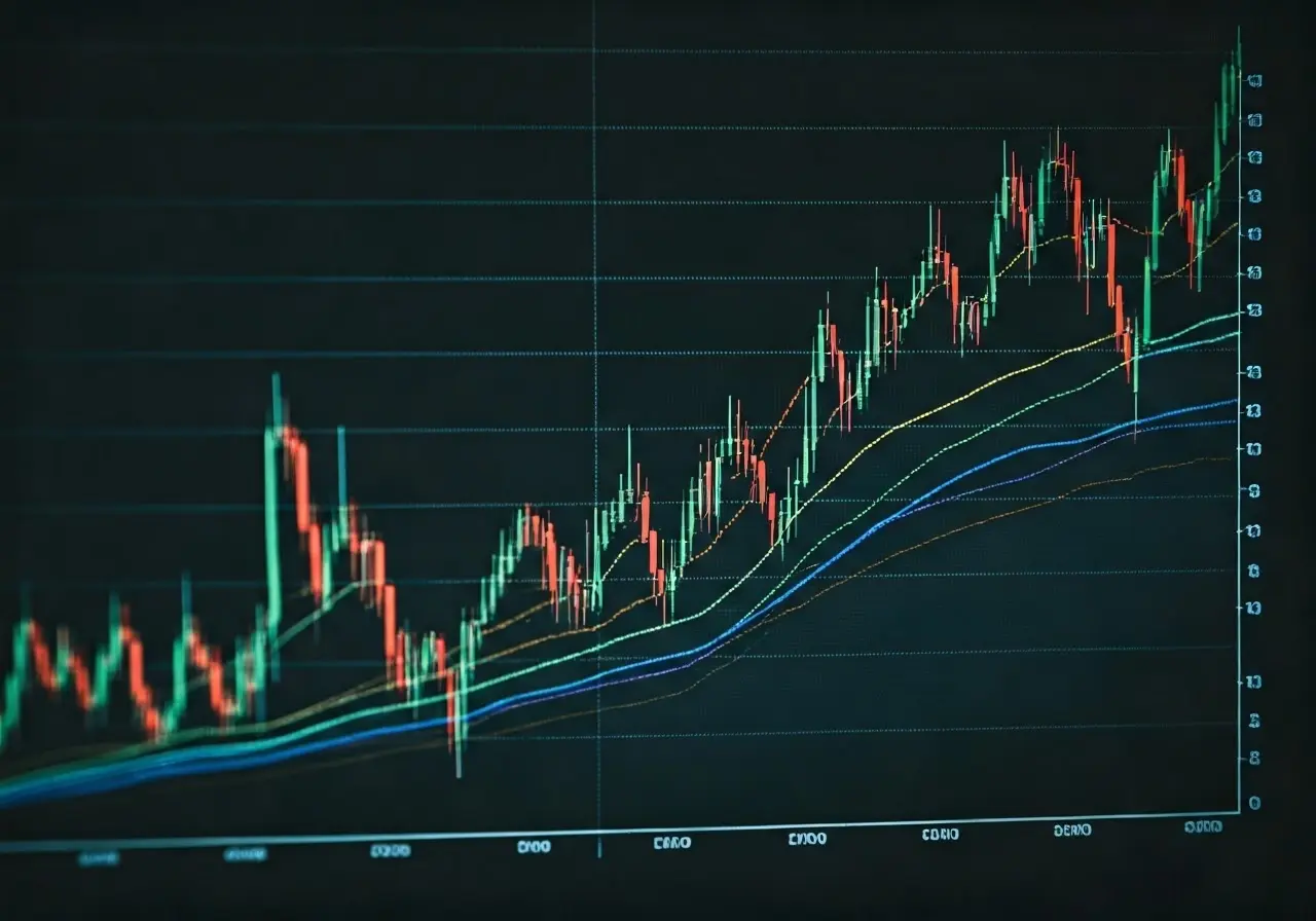 A stock market graph with rising trend lines and arrows. 35mm stock photo