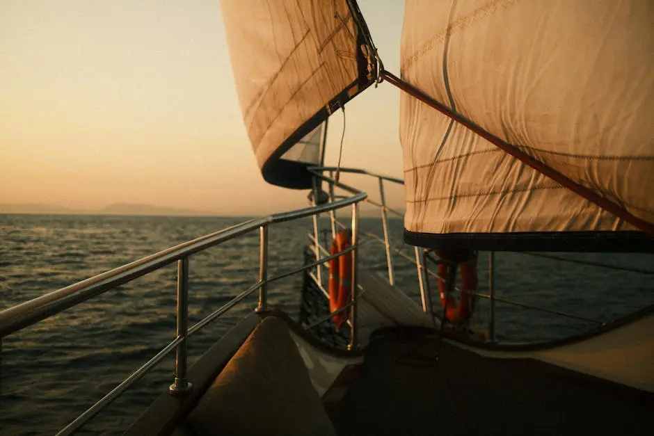 A serene sunset view from a sailboat on the open sea, capturing the beauty of sailing.