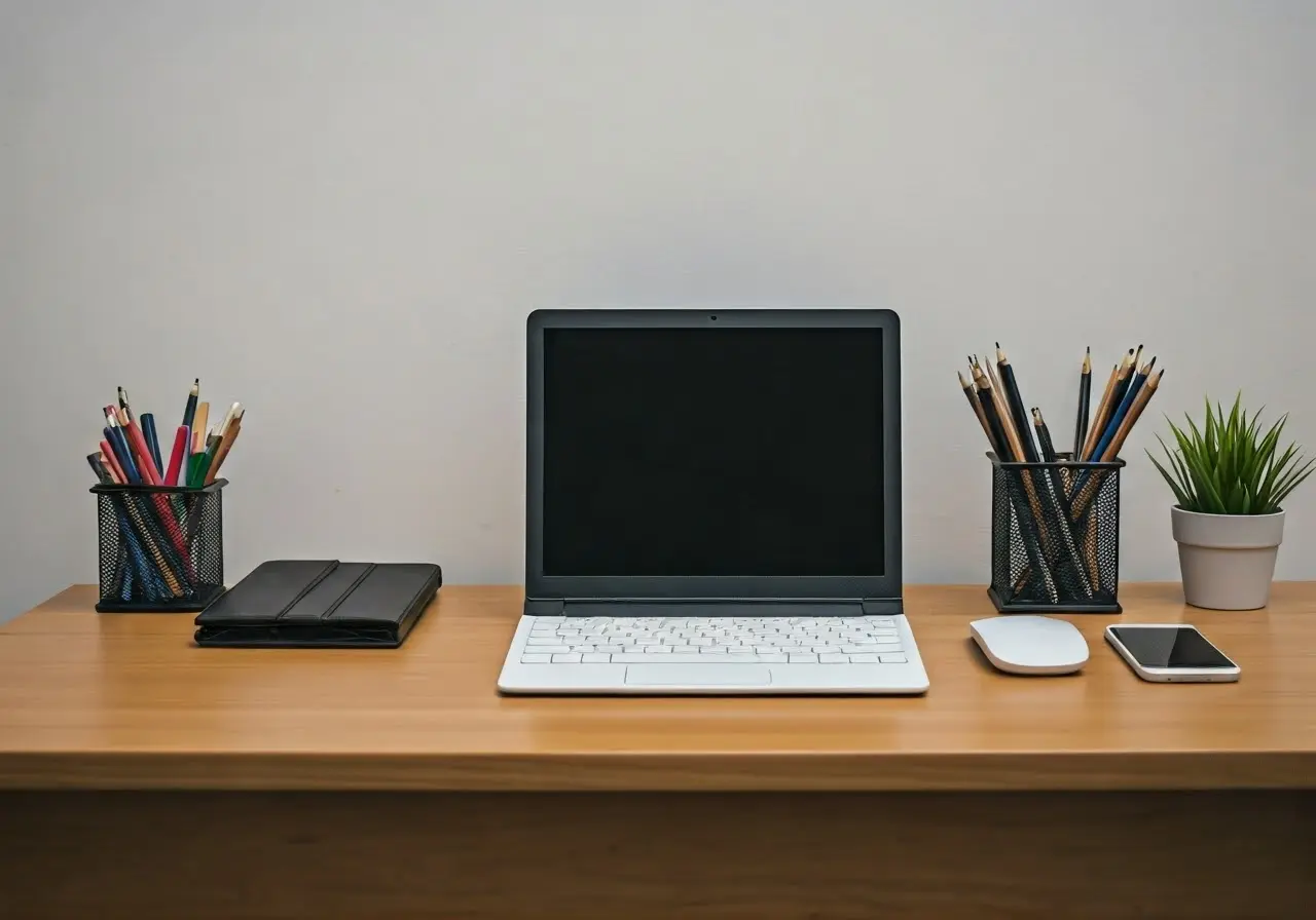 A modern office desk with organized tech devices. 35mm stock photo