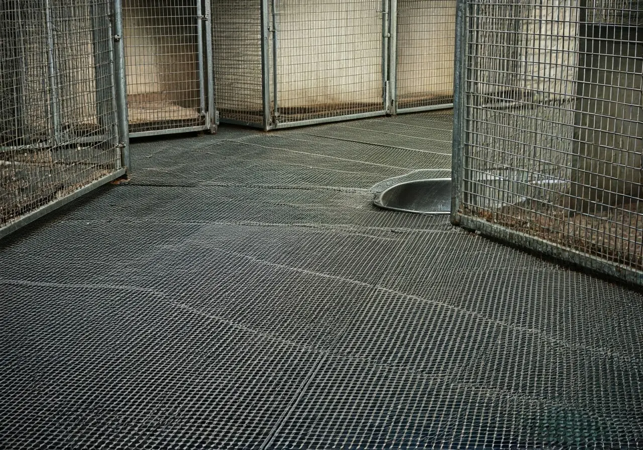 Prompt: Clean dog kennel with durable non-slip rubber flooring. 35mm stock photo