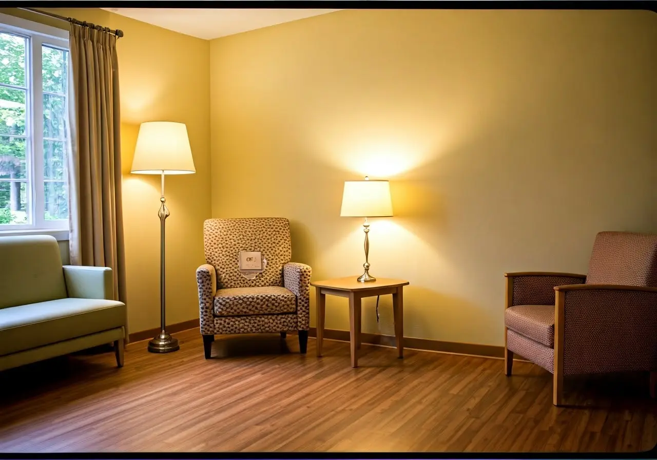 A serene hospice room with comforting decor and soft lighting. 35mm stock photo