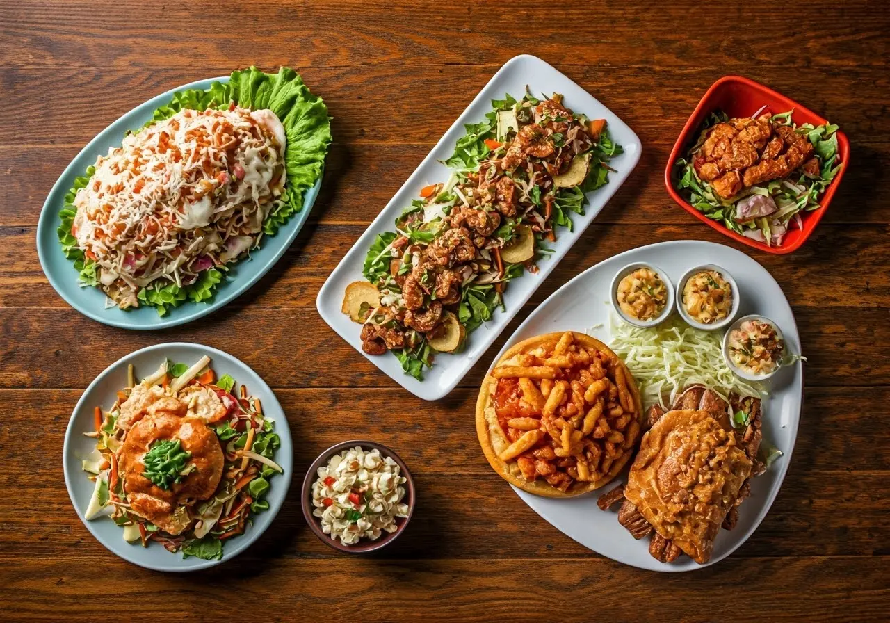 Variety of colorful street food dishes on a wooden table. 35mm stock photo