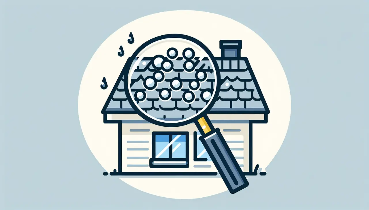 Draw a graphic in flat design style. A simple house with a roof showing small hailstones and a magnifying glass highlighting the damage.