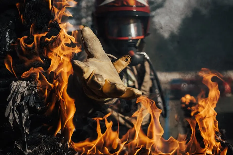 Brave firefighter reaching through intense flames with protective gear and gloves.