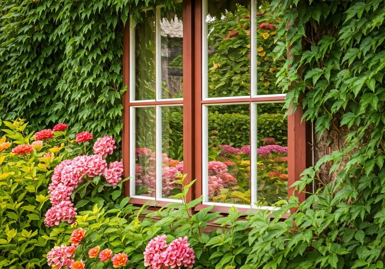 A gleaming window reflecting a vibrant garden scene. 35mm stock photo