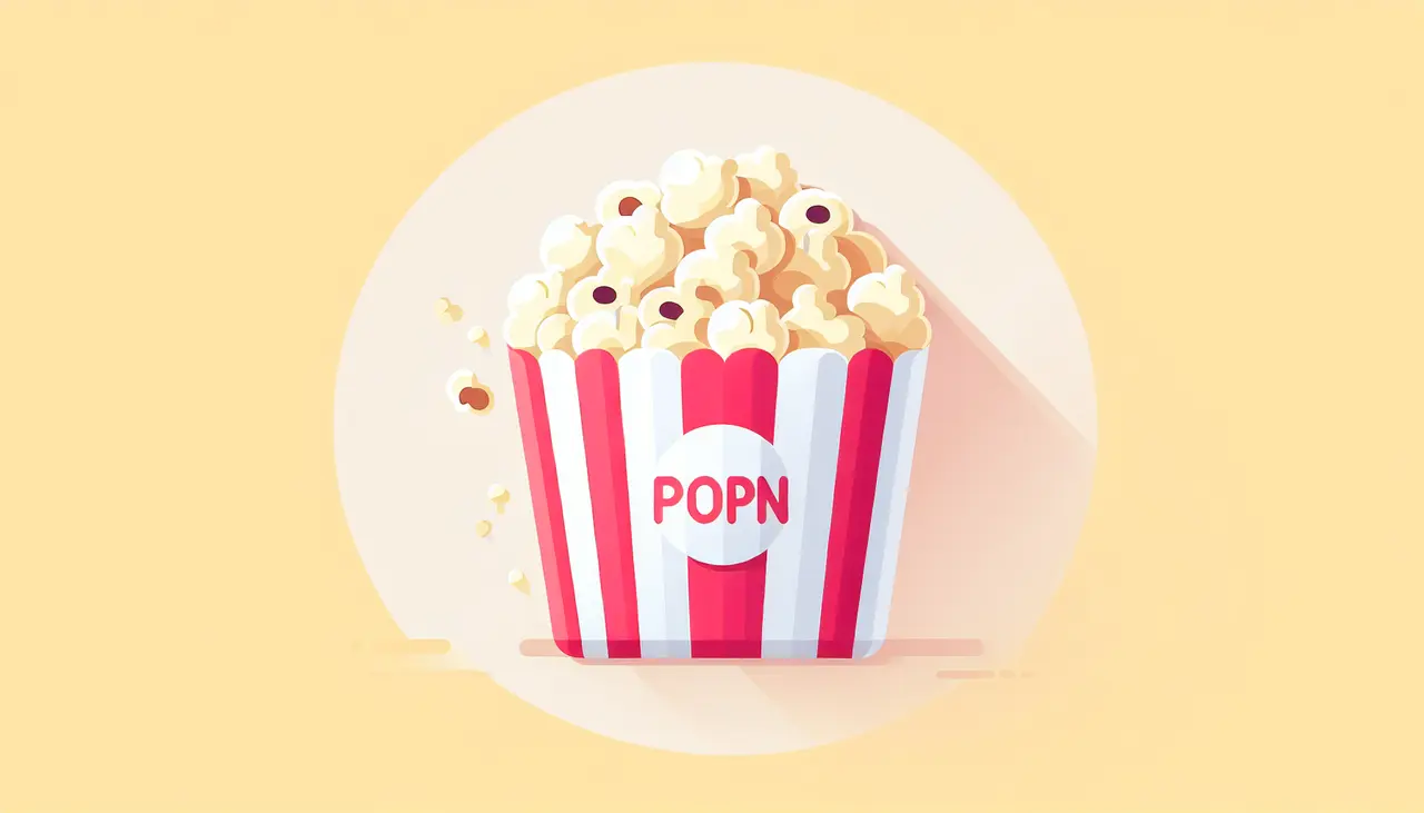 Draw a graphic in flat design style. A colorful bag of popcorn with a mix of popped kernels and toppings in flat design style, with a soft colored background to highlight the popcorn without being too crowded.