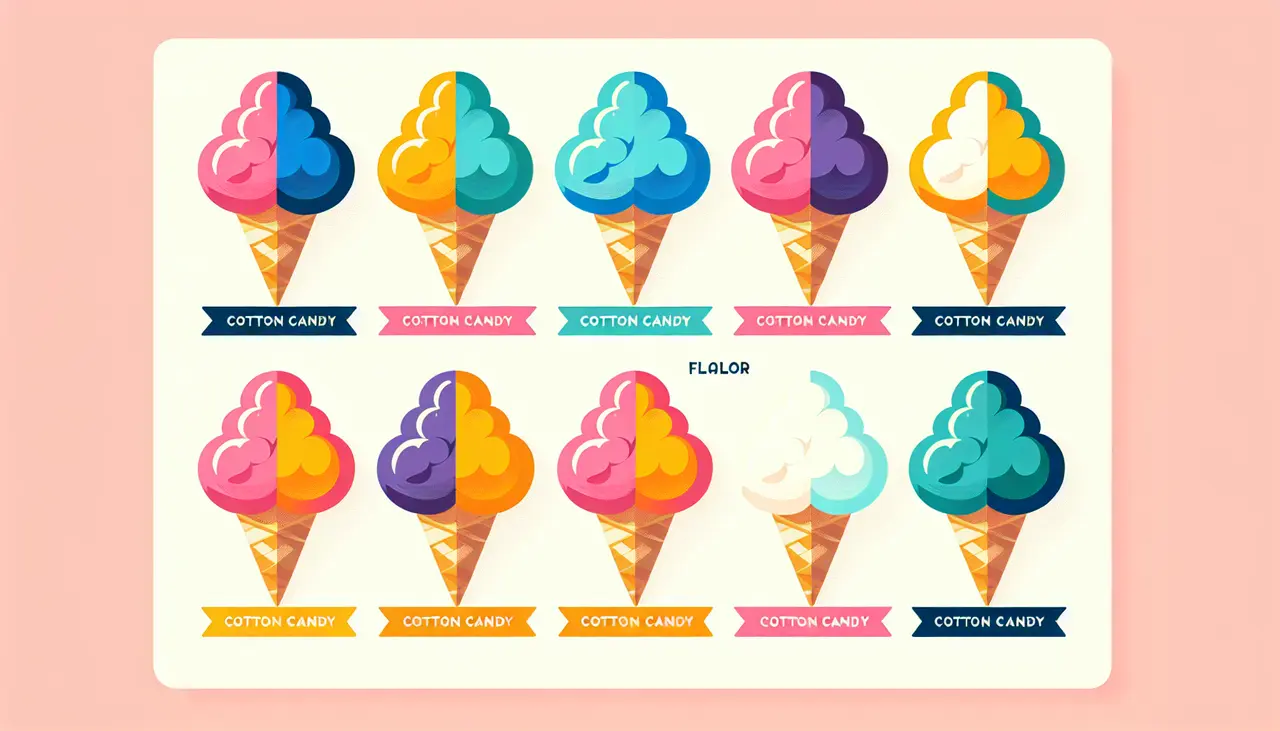 Draw a graphic in flat design style. A variety of colorful cotton candy cones with flavor labels around them.