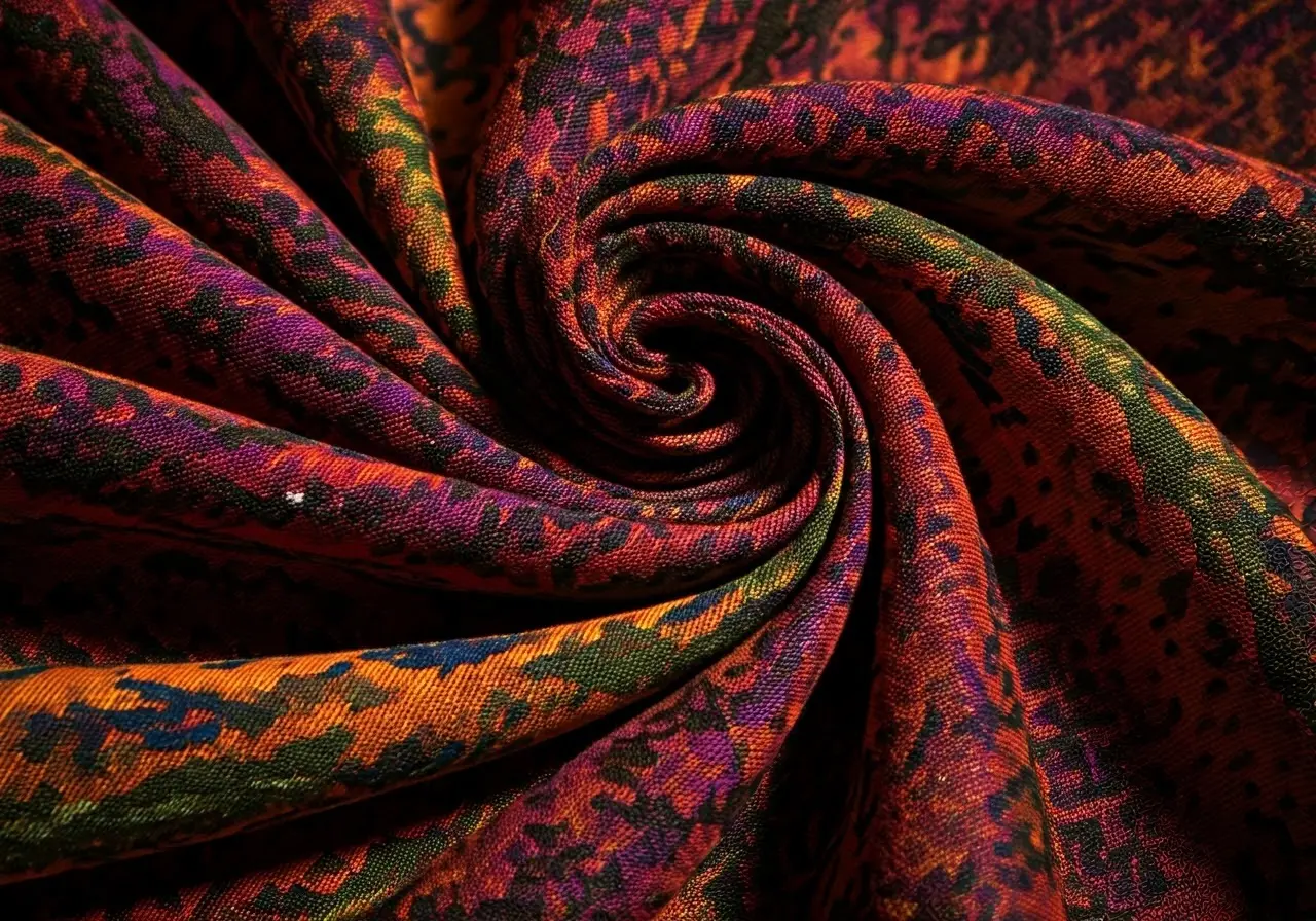 A close-up of vibrantly colored, patterned kuffeye fabric. 35mm stock photo