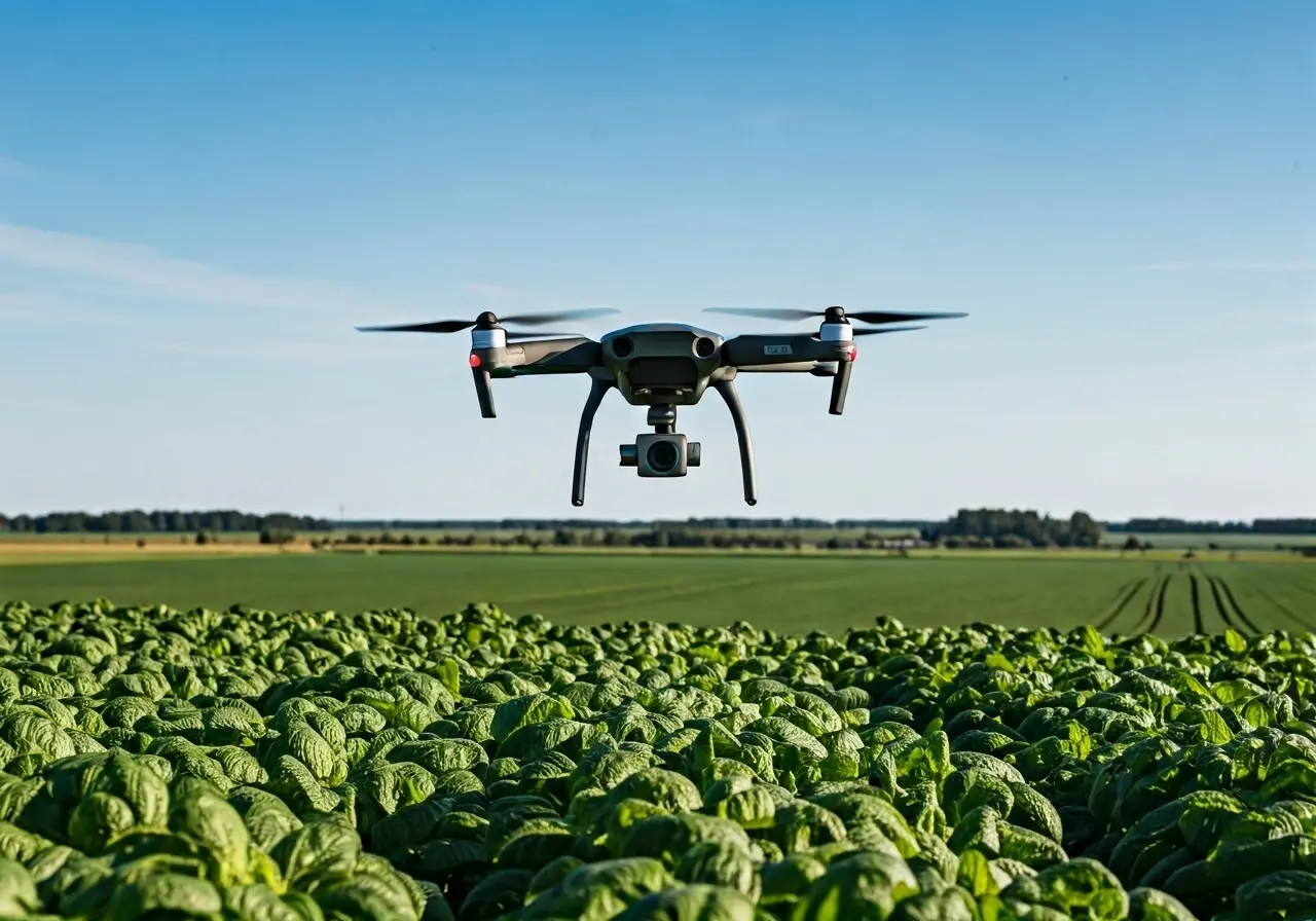 A drone flying over a lush agricultural field. 35mm stock photo