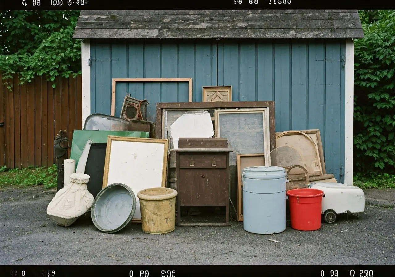 A variety of junk items piled outside a garage. 35mm stock photo