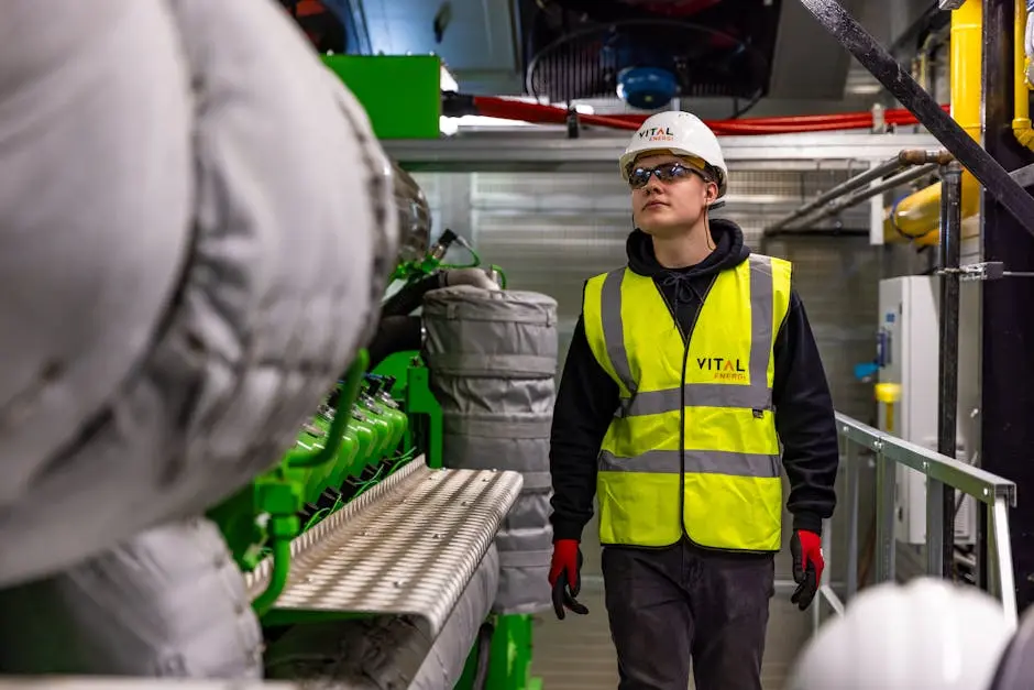 Man in safety gear inspecting factory equipment, ensuring quality control and safety standards.