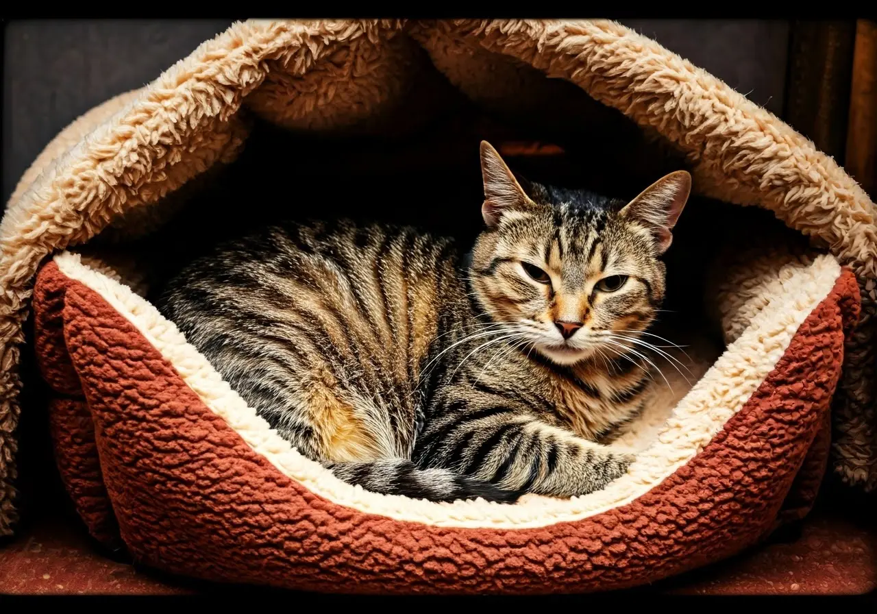 Elderly cat resting comfortably in a cozy, warm bed. 35mm stock photo