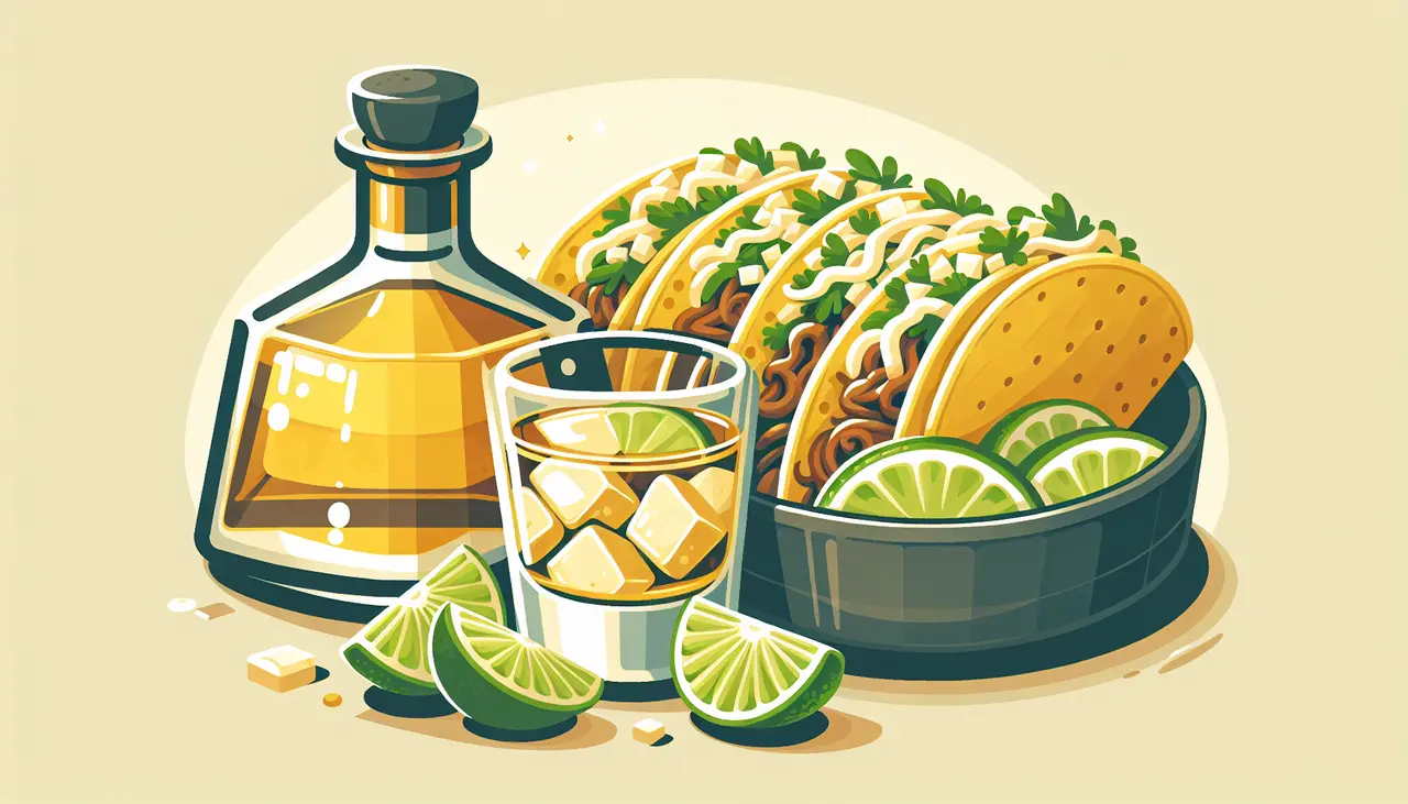 Draw a graphic in flat design style. A flat design illustration of a glass of reposado tequila next to a plate of tacos and lime slices.