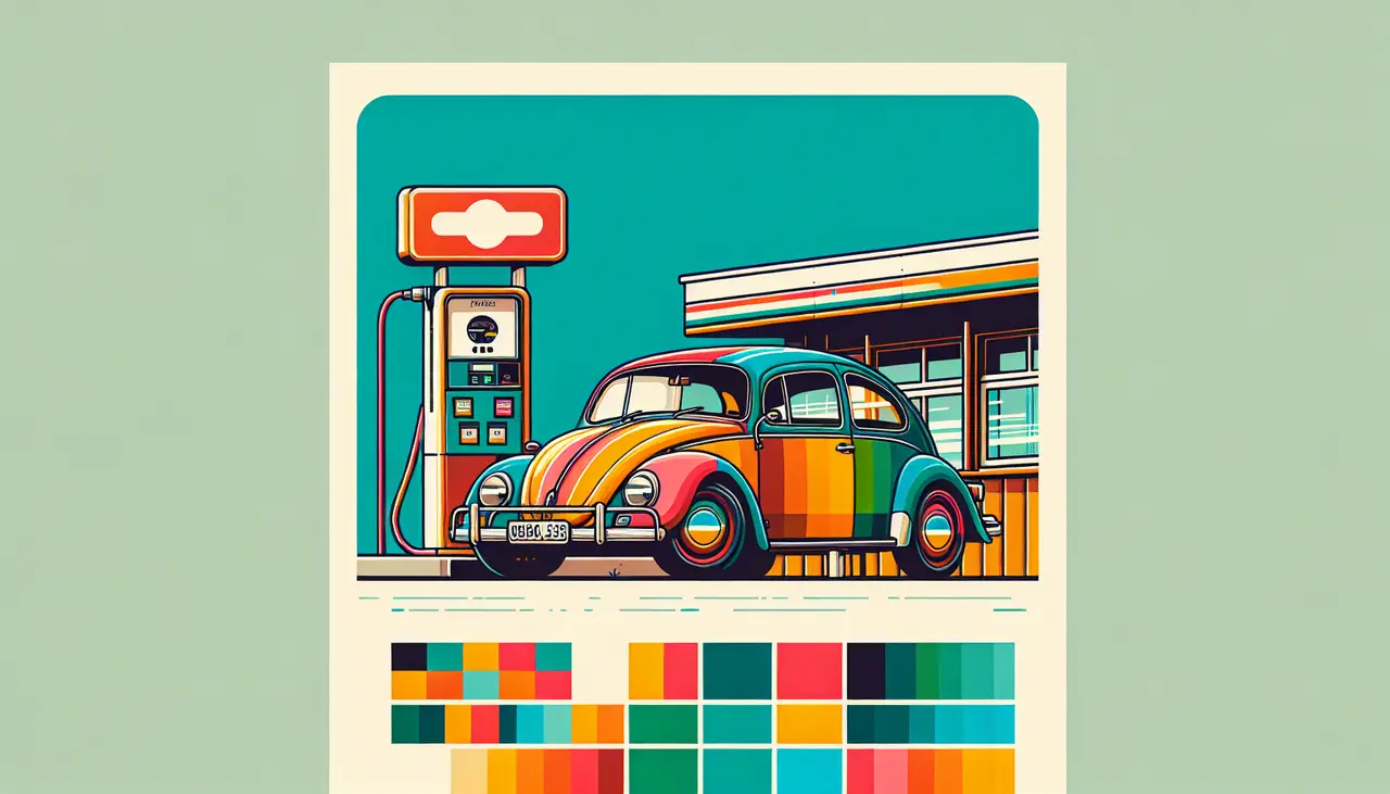 Draw a graphic in flat design style. Create an image of a colorful Volkswagen Beetle in flat design, parked near a vintage gas station.