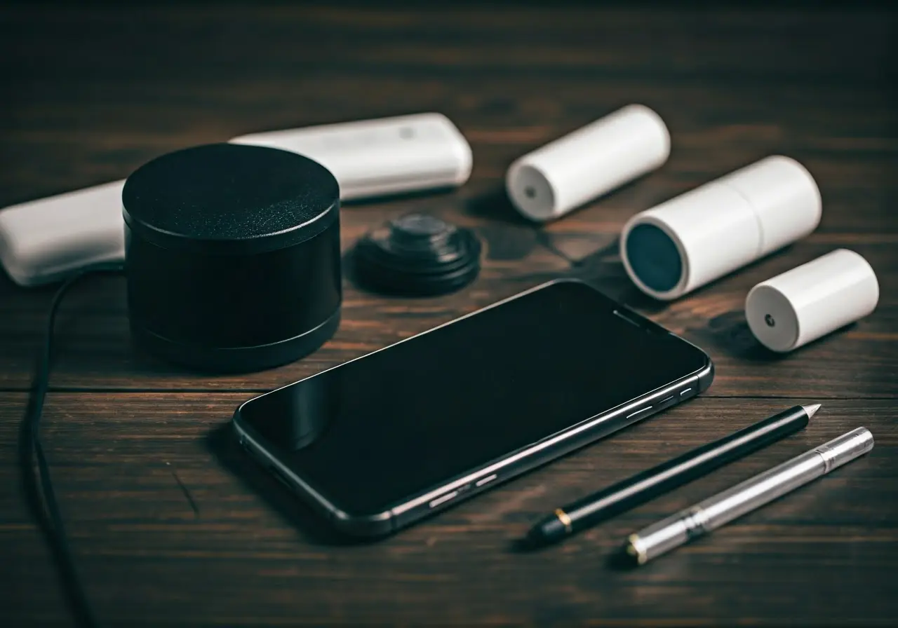 A smartphone surrounded by EMF protection tools on a table. 35mm stock photo