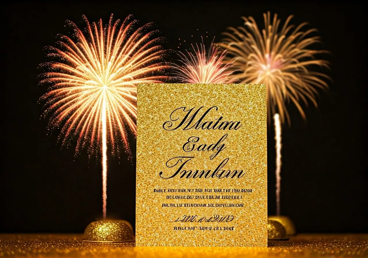 A glittery gold invitation with elegant cursive text and fireworks. 35mm stock photo