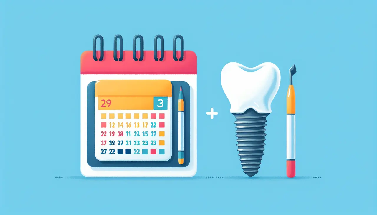 Draw a graphic in flat design style. A flat design of a calendar and a front dental implant side by side, symbolizing durability and longevity.