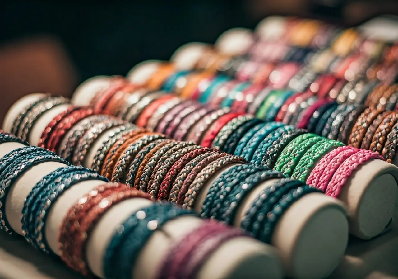 A variety of colorful, customizable bracelets displayed on a table. 35mm stock photo