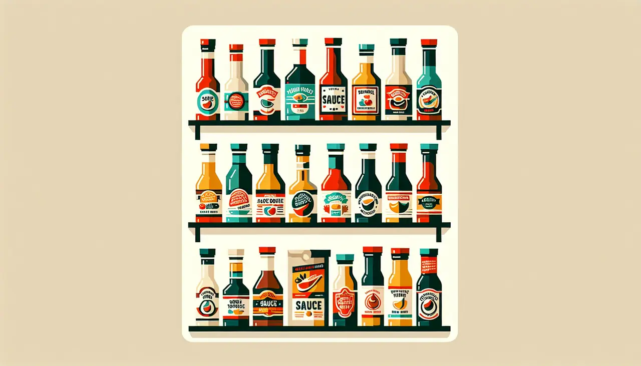 Draw a graphic in flat design style. Illustration of several flat design sauce bottles with labels, arranged neatly on a kitchen shelf, each bottle a different color to represent a variety of flavors.